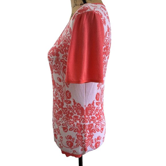 Tricot Chic Women Coral White Floral Short Sleeve Stretch Knit Sweater Top Sz 10 - Picture 3 of 13